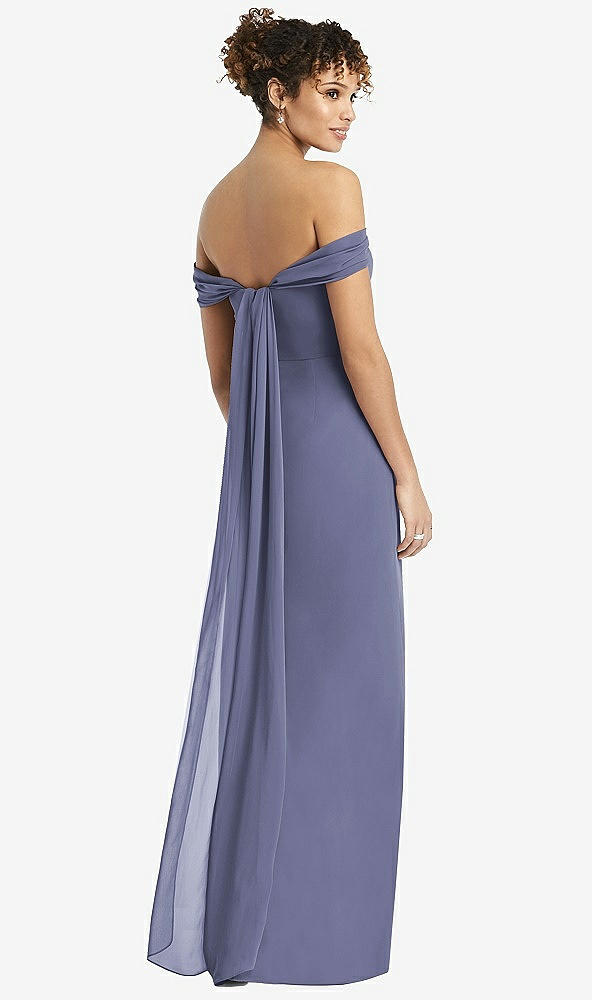Back View - French Blue Draped Off-the-Shoulder Maxi Dress with Shirred Streamer