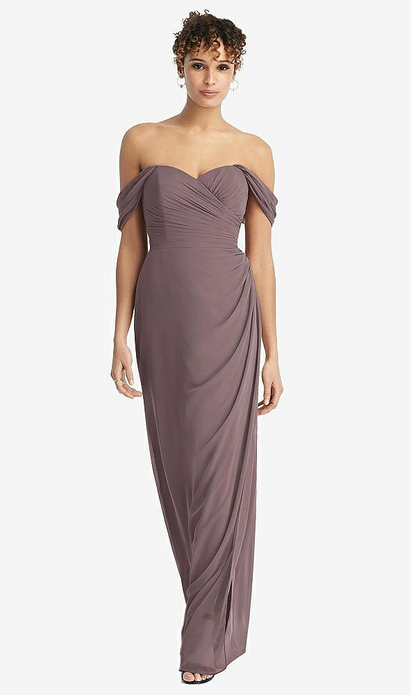 Front View - French Truffle Draped Off-the-Shoulder Maxi Dress with Shirred Streamer