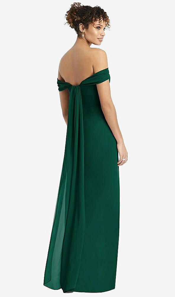 Back View - Hunter Green Draped Off-the-Shoulder Maxi Dress with Shirred Streamer