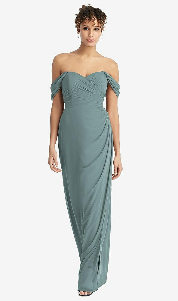 Front View - Icelandic Draped Off-the-Shoulder Maxi Dress with Shirred Streamer
