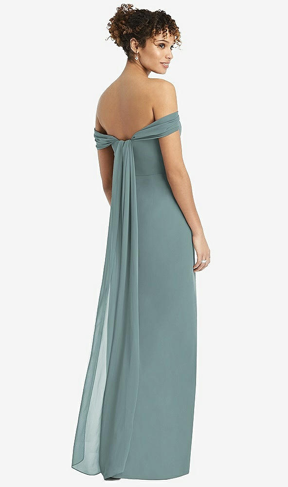 Back View - Icelandic Draped Off-the-Shoulder Maxi Dress with Shirred Streamer