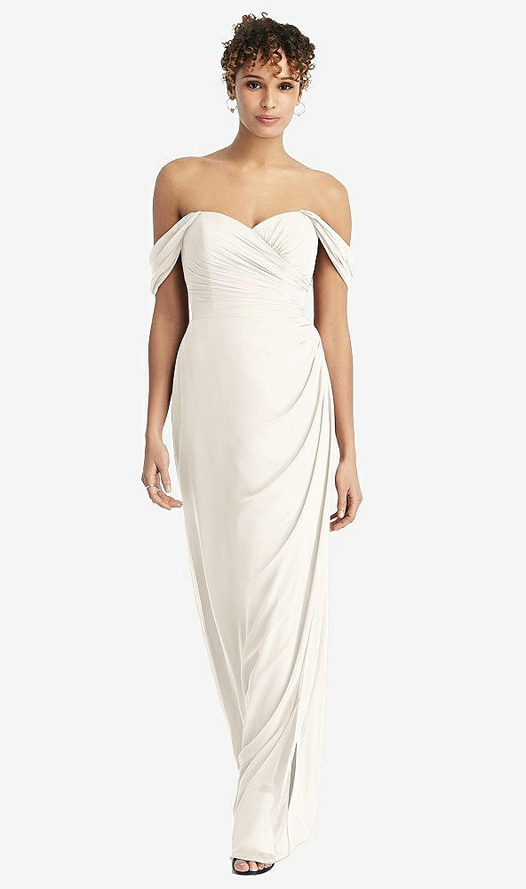 Front View - Ivory Draped Off-the-Shoulder Maxi Dress with Shirred Streamer