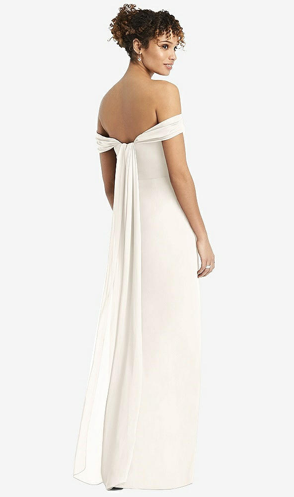 Back View - Ivory Draped Off-the-Shoulder Maxi Dress with Shirred Streamer