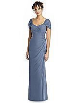 Alt View 1 Thumbnail - Larkspur Blue Draped Off-the-Shoulder Maxi Dress with Shirred Streamer