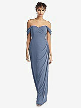Front View Thumbnail - Larkspur Blue Draped Off-the-Shoulder Maxi Dress with Shirred Streamer