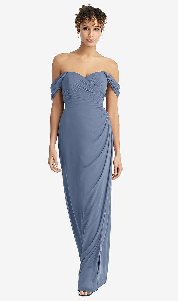 Front View - Larkspur Blue Draped Off-the-Shoulder Maxi Dress with Shirred Streamer