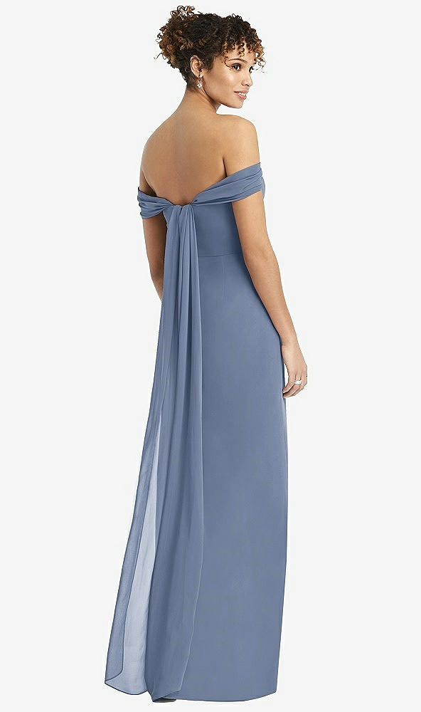 Back View - Larkspur Blue Draped Off-the-Shoulder Maxi Dress with Shirred Streamer