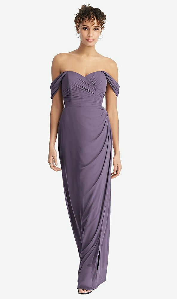 Front View - Lavender Draped Off-the-Shoulder Maxi Dress with Shirred Streamer