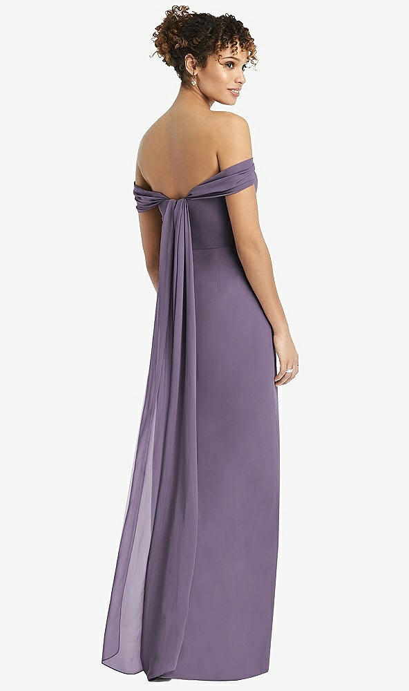 Back View - Lavender Draped Off-the-Shoulder Maxi Dress with Shirred Streamer