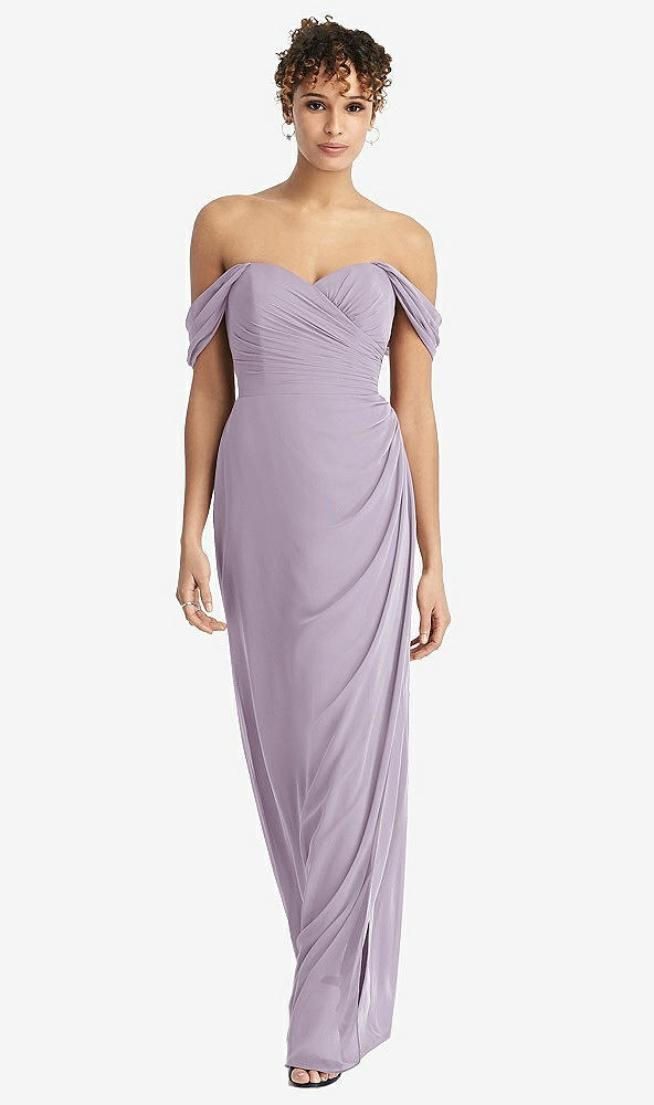 Front View - Lilac Haze Draped Off-the-Shoulder Maxi Dress with Shirred Streamer