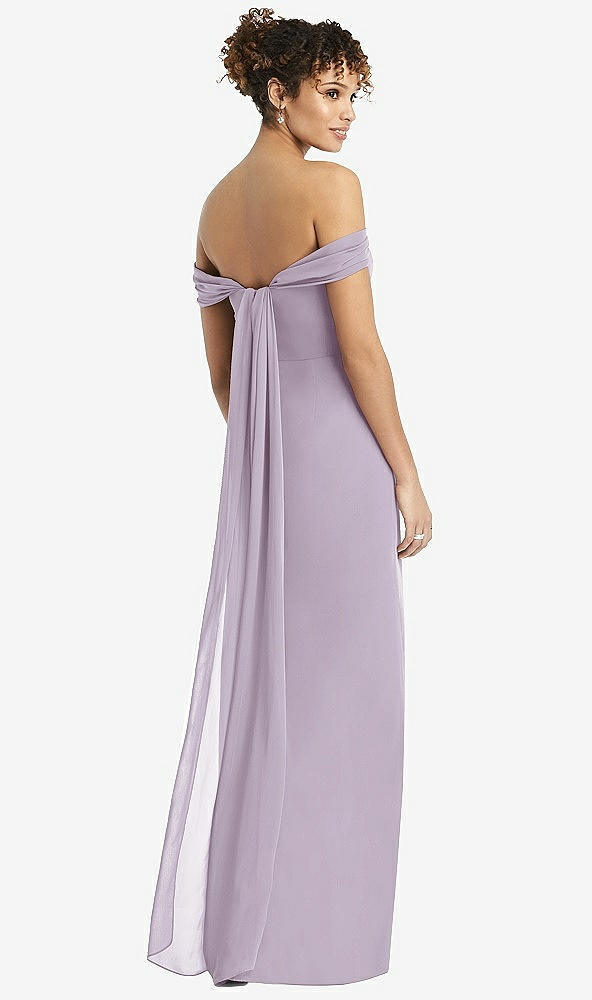 Back View - Lilac Haze Draped Off-the-Shoulder Maxi Dress with Shirred Streamer