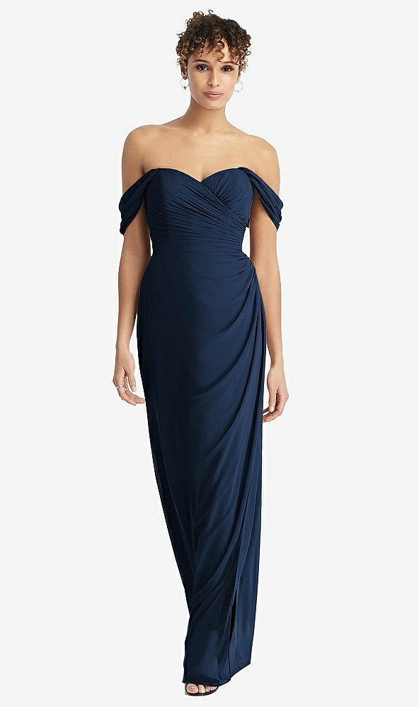 Front View - Midnight Navy Draped Off-the-Shoulder Maxi Dress with Shirred Streamer