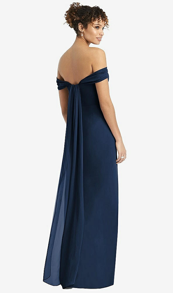 Back View - Midnight Navy Draped Off-the-Shoulder Maxi Dress with Shirred Streamer