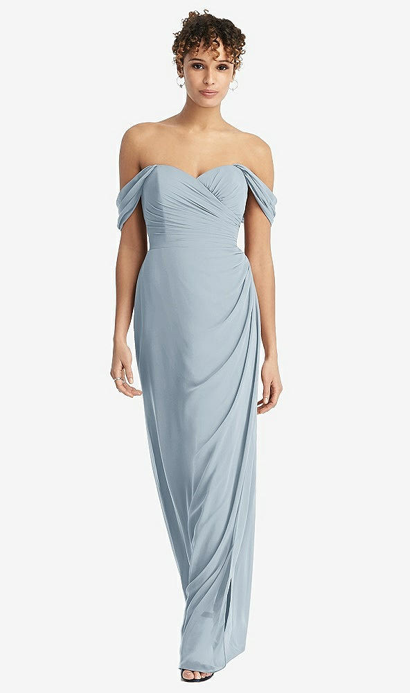 Front View - Mist Draped Off-the-Shoulder Maxi Dress with Shirred Streamer