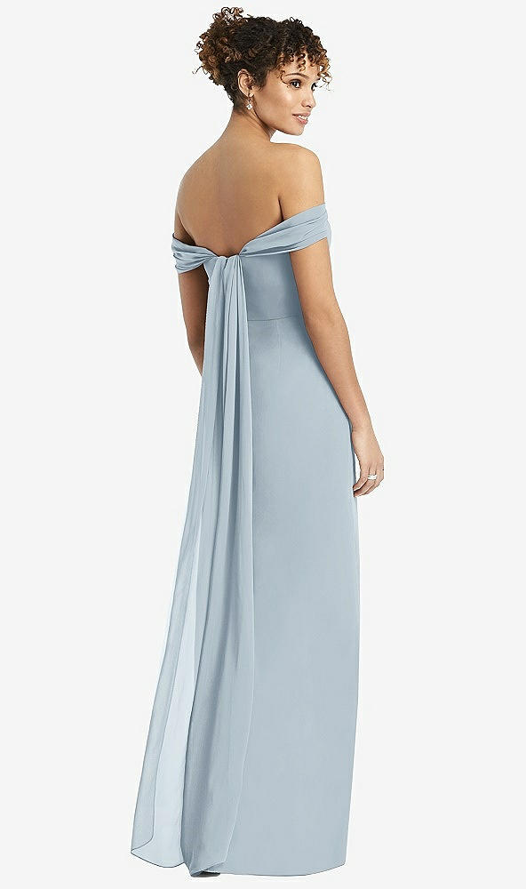 Back View - Mist Draped Off-the-Shoulder Maxi Dress with Shirred Streamer