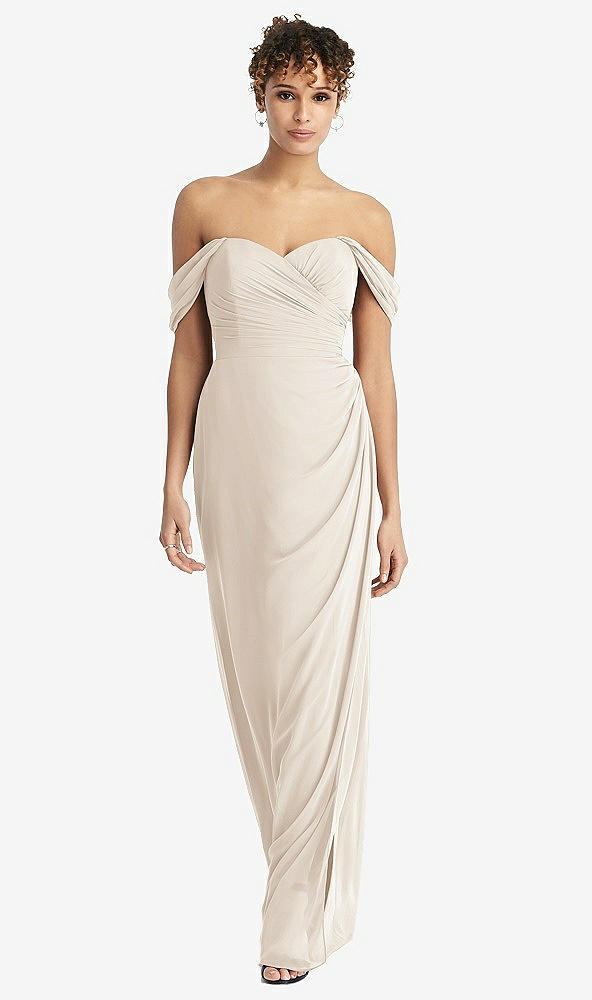 Front View - Oat Draped Off-the-Shoulder Maxi Dress with Shirred Streamer