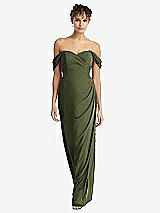 Front View Thumbnail - Olive Green Draped Off-the-Shoulder Maxi Dress with Shirred Streamer