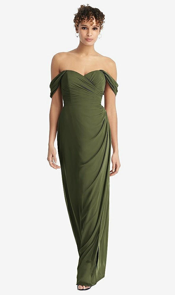 Front View - Olive Green Draped Off-the-Shoulder Maxi Dress with Shirred Streamer