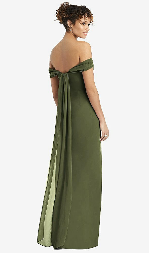 Back View - Olive Green Draped Off-the-Shoulder Maxi Dress with Shirred Streamer