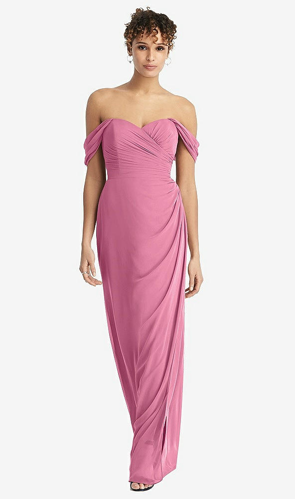 Front View - Orchid Pink Draped Off-the-Shoulder Maxi Dress with Shirred Streamer