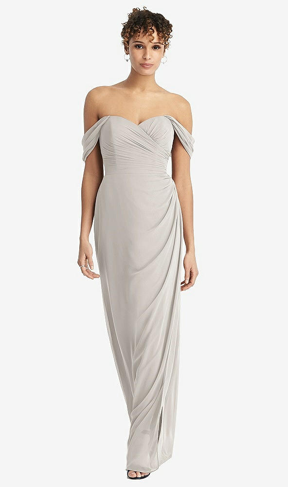 Front View - Oyster Draped Off-the-Shoulder Maxi Dress with Shirred Streamer