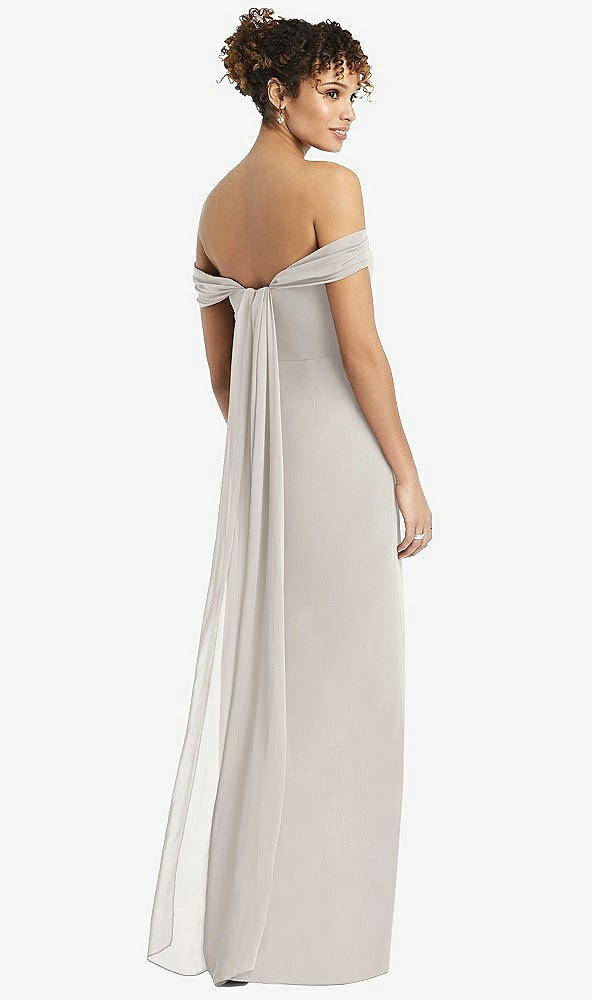 Back View - Oyster Draped Off-the-Shoulder Maxi Dress with Shirred Streamer