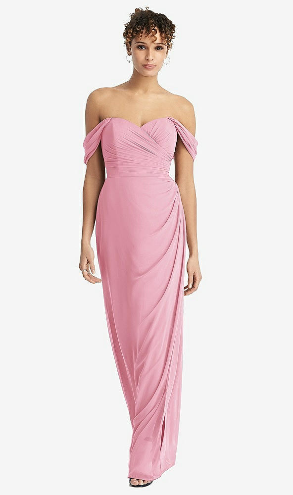 Front View - Peony Pink Draped Off-the-Shoulder Maxi Dress with Shirred Streamer