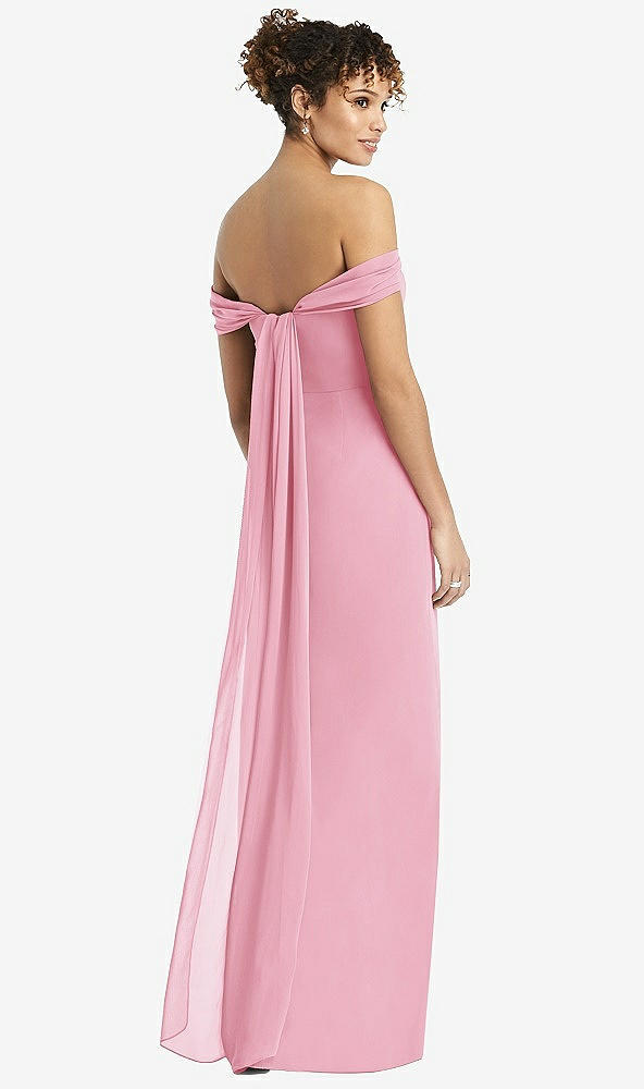 Back View - Peony Pink Draped Off-the-Shoulder Maxi Dress with Shirred Streamer