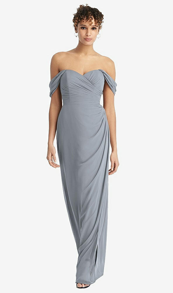 Front View - Platinum Draped Off-the-Shoulder Maxi Dress with Shirred Streamer
