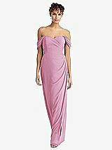 Front View Thumbnail - Powder Pink Draped Off-the-Shoulder Maxi Dress with Shirred Streamer