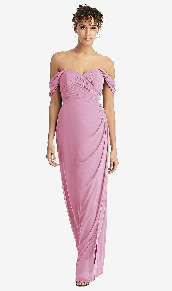 Front View - Powder Pink Draped Off-the-Shoulder Maxi Dress with Shirred Streamer
