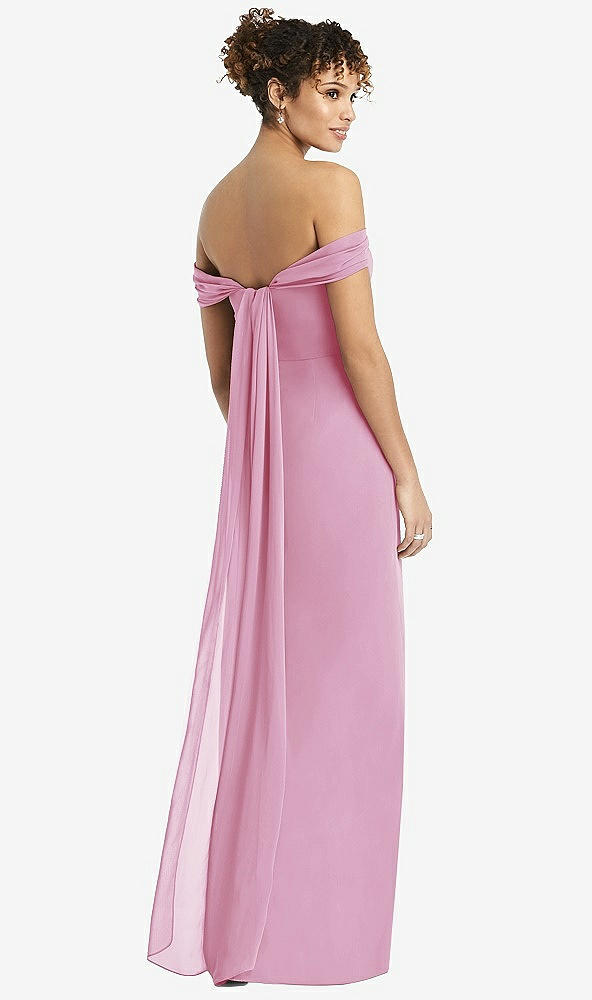 Back View - Powder Pink Draped Off-the-Shoulder Maxi Dress with Shirred Streamer