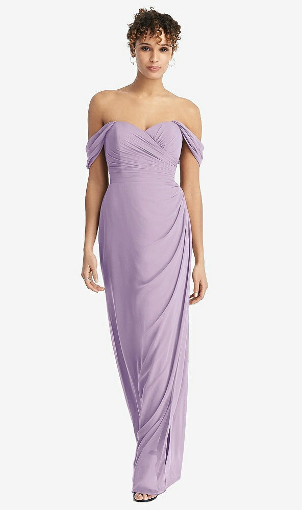 Front View - Pale Purple Draped Off-the-Shoulder Maxi Dress with Shirred Streamer