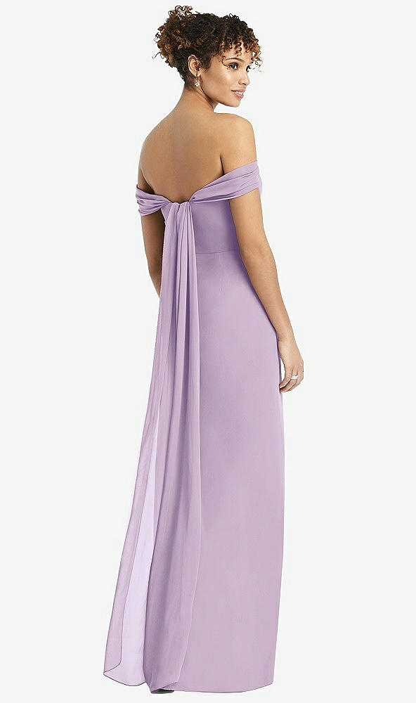 Back View - Pale Purple Draped Off-the-Shoulder Maxi Dress with Shirred Streamer