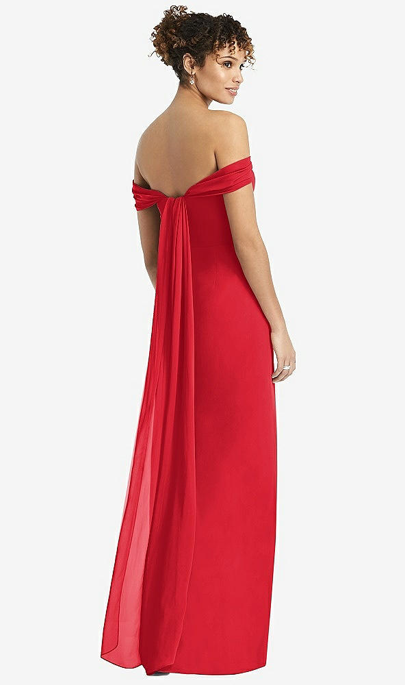 Back View - Parisian Red Draped Off-the-Shoulder Maxi Dress with Shirred Streamer