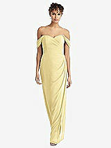 Front View Thumbnail - Pale Yellow Draped Off-the-Shoulder Maxi Dress with Shirred Streamer