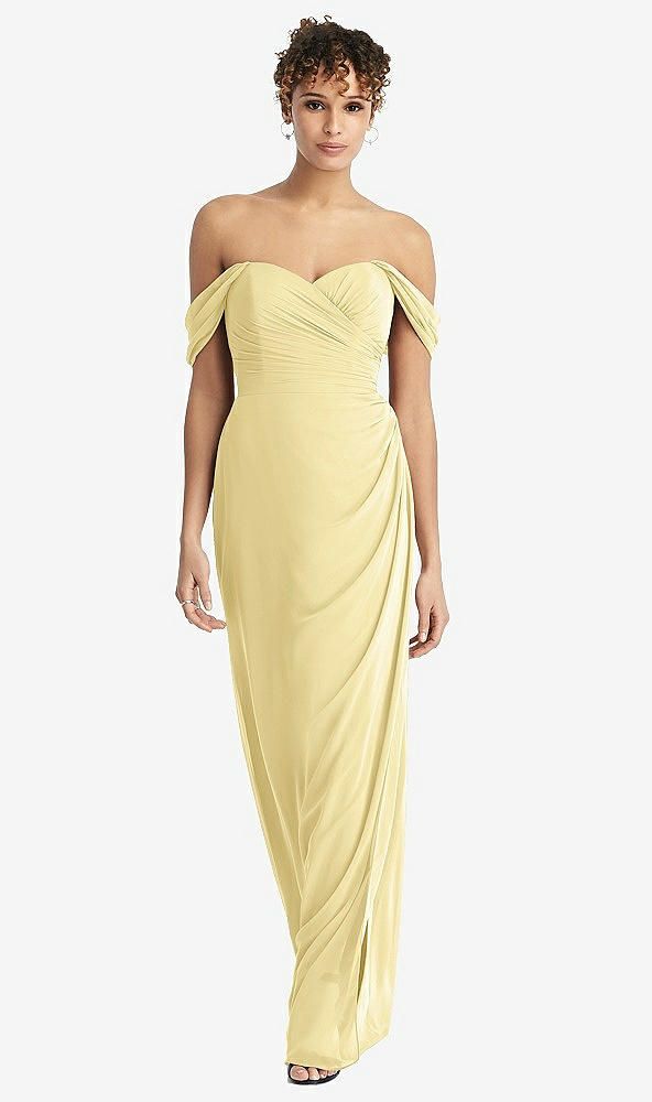 Front View - Pale Yellow Draped Off-the-Shoulder Maxi Dress with Shirred Streamer