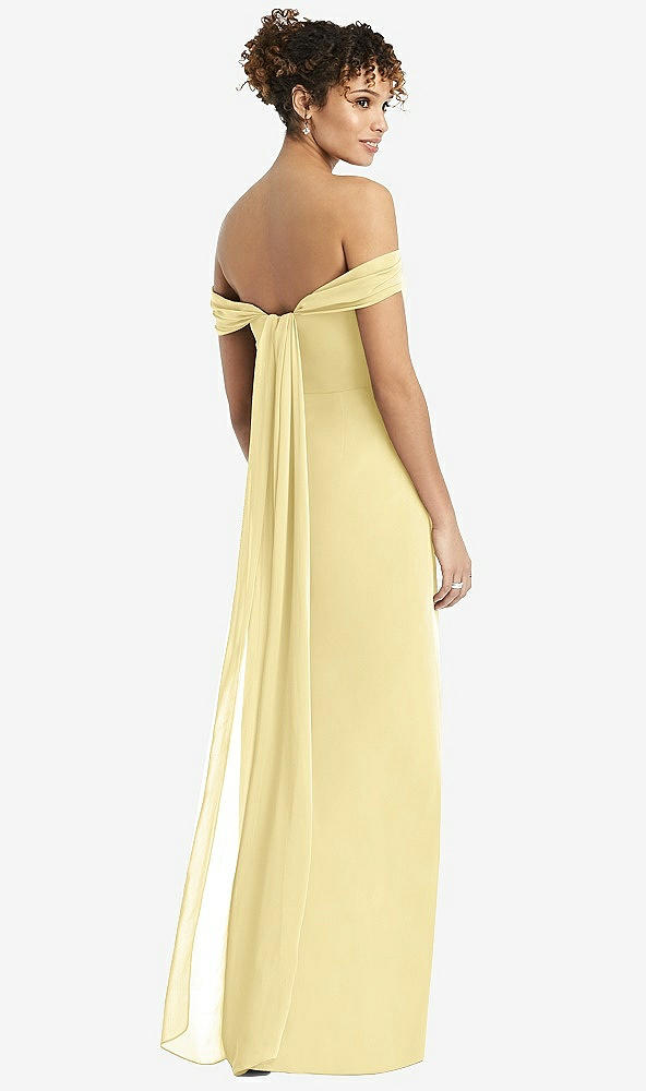 Back View - Pale Yellow Draped Off-the-Shoulder Maxi Dress with Shirred Streamer