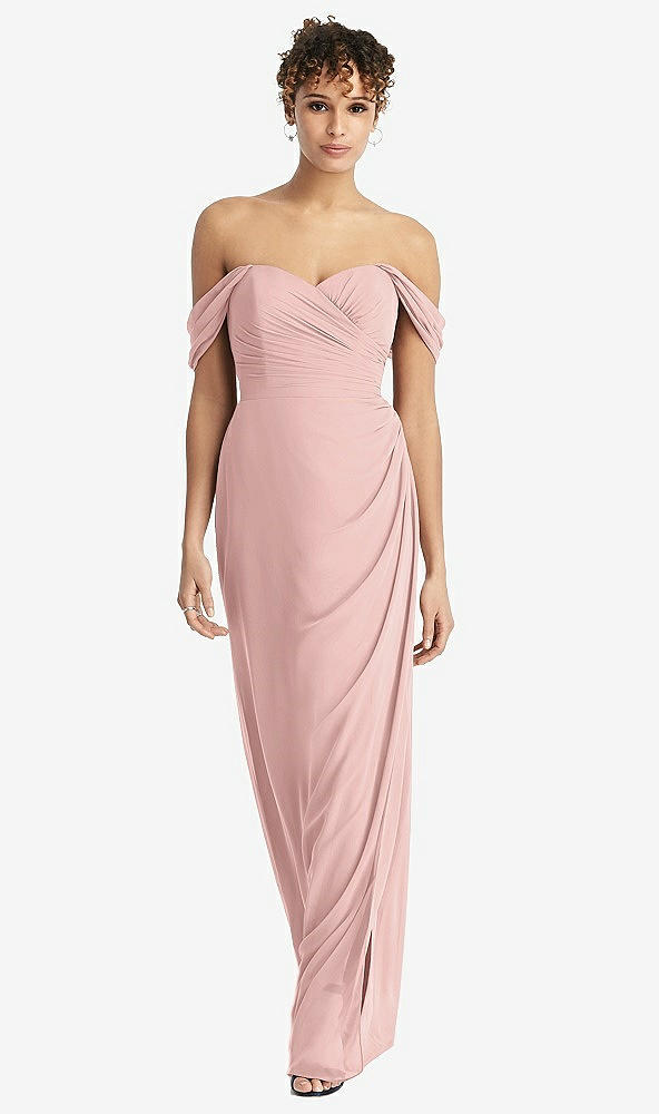 Front View - Rose - PANTONE Rose Quartz Draped Off-the-Shoulder Maxi Dress with Shirred Streamer