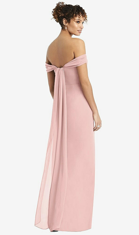 Back View - Rose - PANTONE Rose Quartz Draped Off-the-Shoulder Maxi Dress with Shirred Streamer
