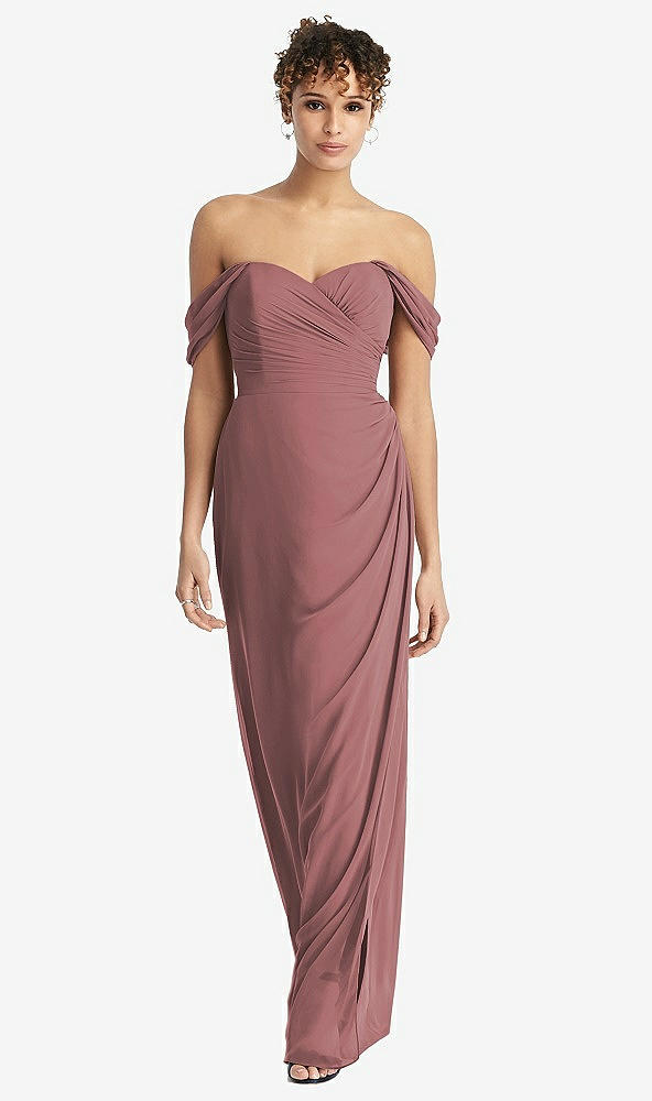 Front View - Rosewood Draped Off-the-Shoulder Maxi Dress with Shirred Streamer