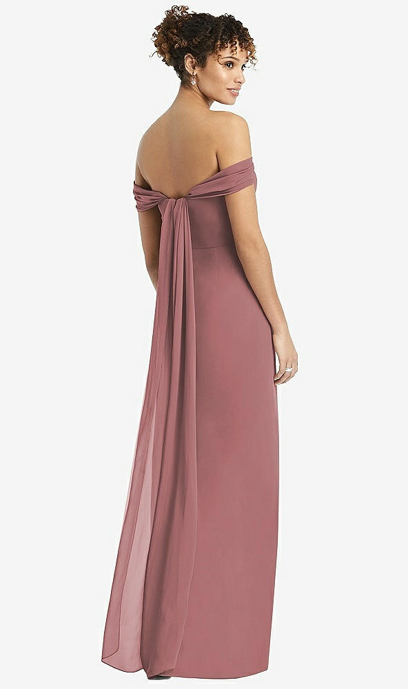 Back View - Rosewood Draped Off-the-Shoulder Maxi Dress with Shirred Streamer