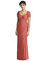 Alt View 1 Thumbnail - Coral Pink Draped Off-the-Shoulder Maxi Dress with Shirred Streamer