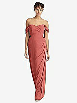Front View Thumbnail - Coral Pink Draped Off-the-Shoulder Maxi Dress with Shirred Streamer