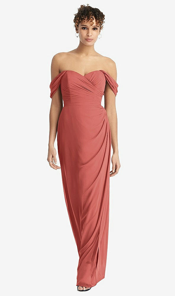Front View - Coral Pink Draped Off-the-Shoulder Maxi Dress with Shirred Streamer