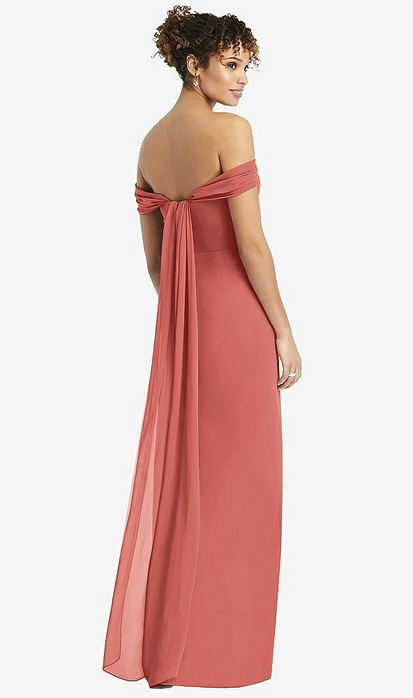Back View - Coral Pink Draped Off-the-Shoulder Maxi Dress with Shirred Streamer