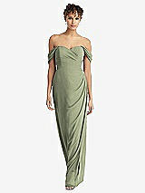 Front View Thumbnail - Sage Draped Off-the-Shoulder Maxi Dress with Shirred Streamer