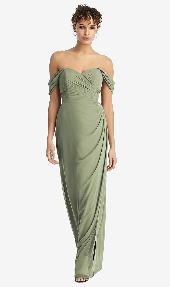 Front View - Sage Draped Off-the-Shoulder Maxi Dress with Shirred Streamer