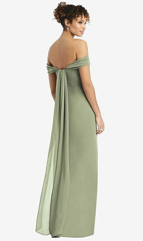 Back View - Sage Draped Off-the-Shoulder Maxi Dress with Shirred Streamer
