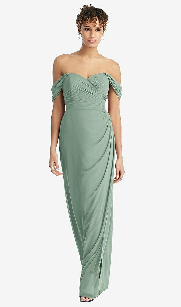 Front View - Seagrass Draped Off-the-Shoulder Maxi Dress with Shirred Streamer